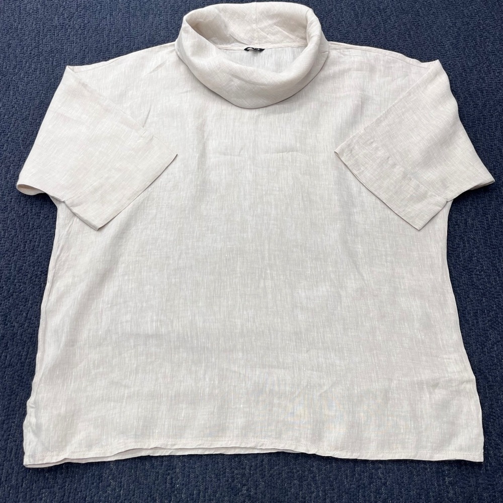 Vivid‎ Women Beige 100% Linen Cowl Neck Short Sleeve Oversized Top Large